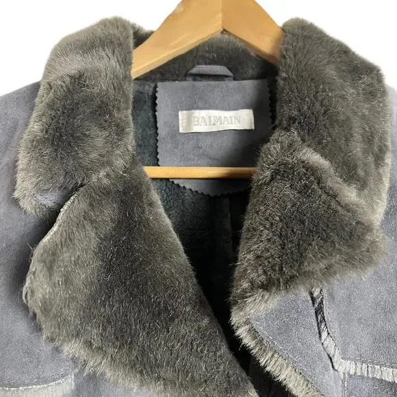 Balmain Authentic Gray Faux Fur Lined Faux Suede Belted Winter Coat Size Small